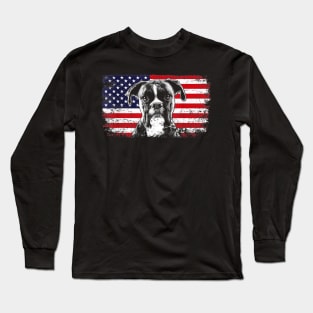 Boxer Dog American Flag Vintage Retro Long Sleeve T-Shirt